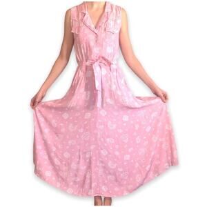 Vintage 90s Pink Paisley Maxi Dress Sleeveless Pearl Snap Western Boho Cowgirl